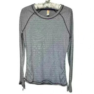Lucy Athletic Shirt Top Gray Purple Striped Long Sleeve Ruched Hem Thumb Holes M